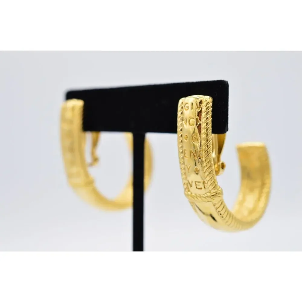 Givenchy Vintage Clip Pm Earrings Chunky Hoop Gold Logo Letters Signed 80s BinAB - Picture 2 of 11